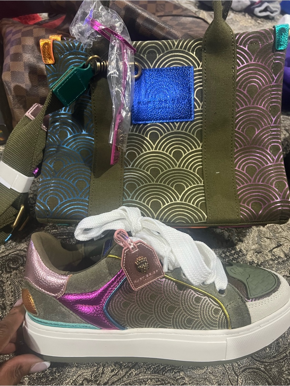 Kurt Geiger Olive Multi Metallic Pink Blue Platform Sneakers